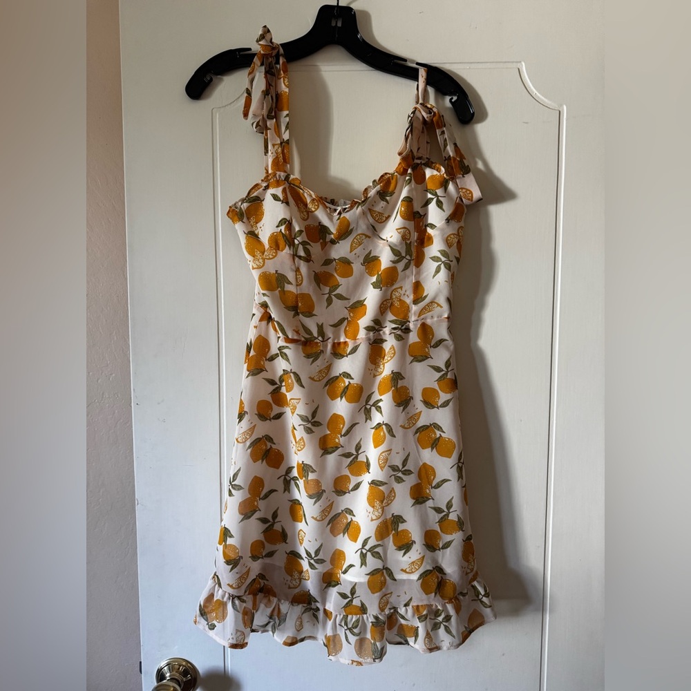 Aqua Lemon Print Dress with Ruffle Hem